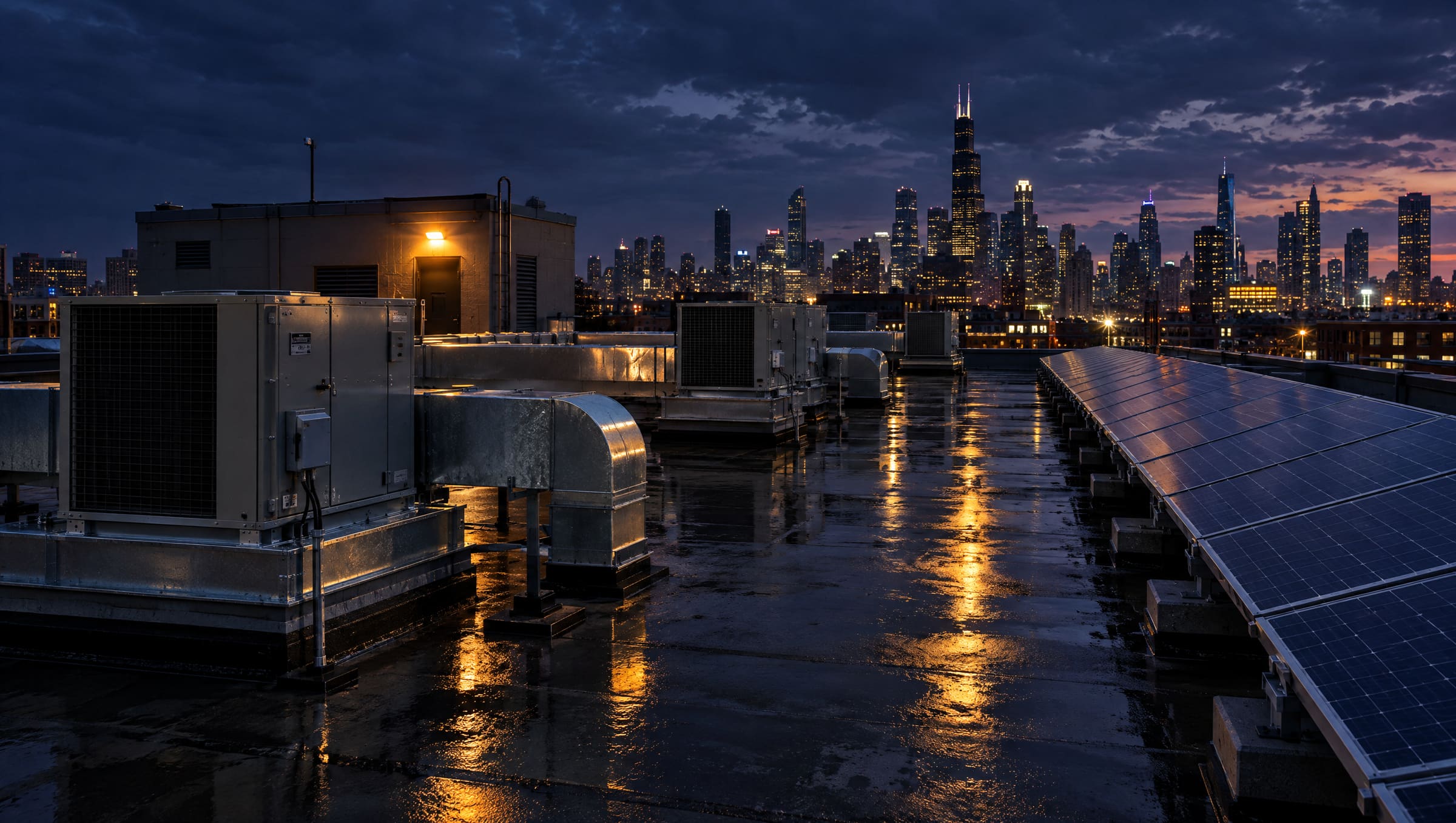 A commercial rooftop at night with HVAC units and solar panels, overlooking the Chicago skyline.